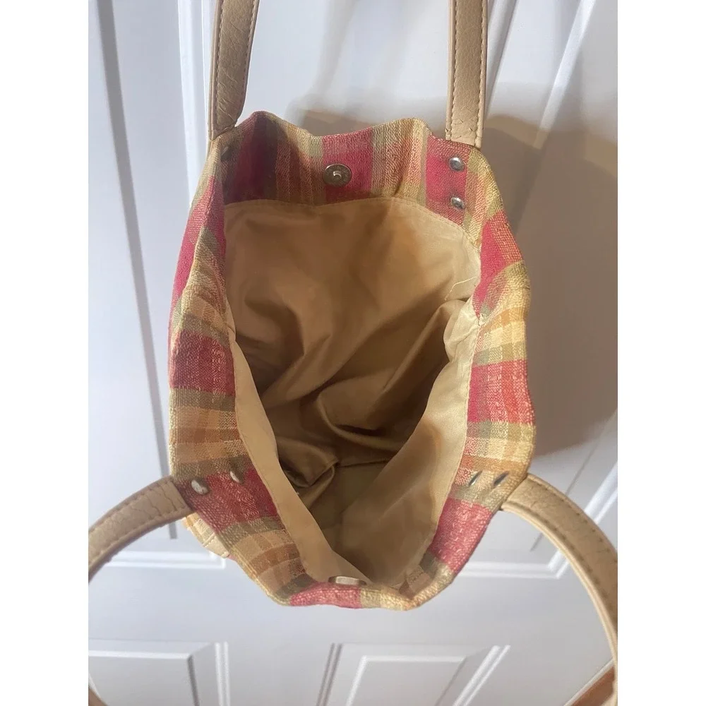 Vintage Longaberger Plaid Tote Bag Red & Tan Checker Fabric Purse w Leather - Picture 4 of 4